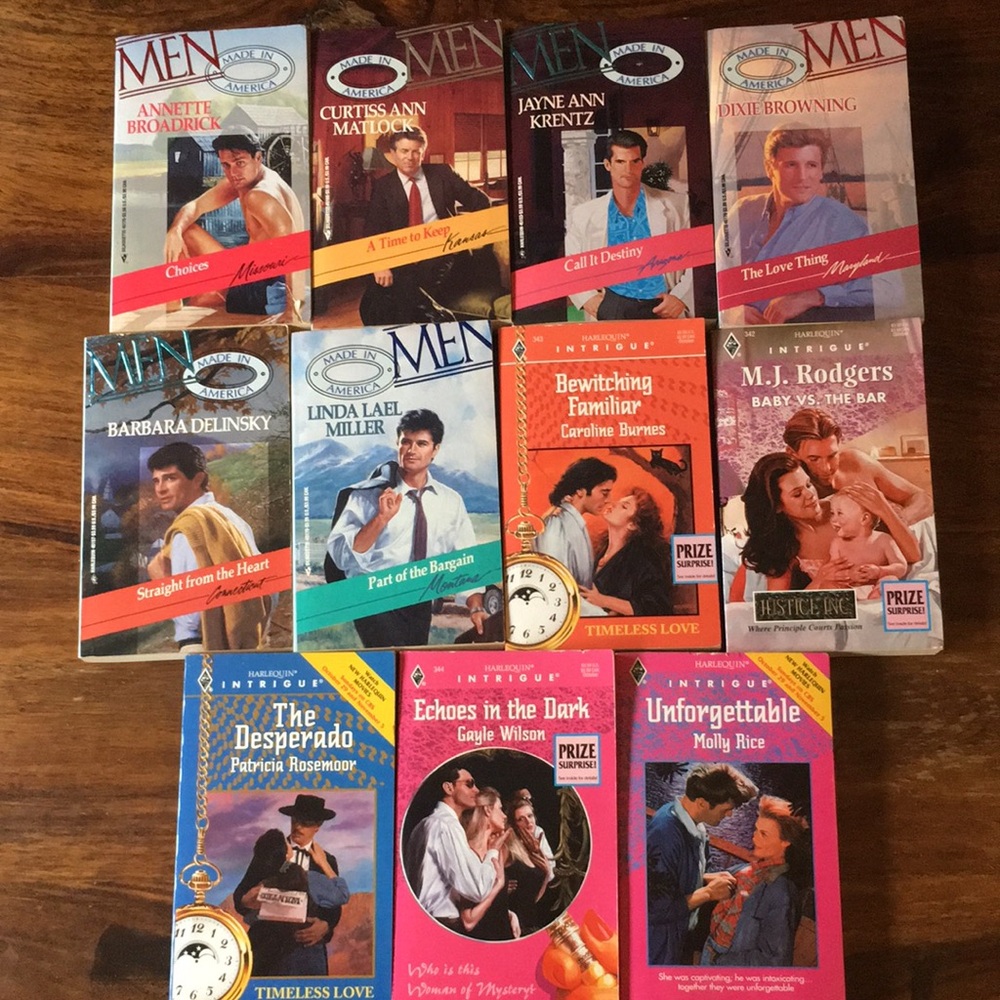 11 Paperbacks Harlequin Intrigue Novels + Silhouette Romance Men Made in America